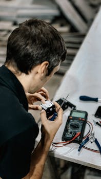 Adult male technician working on electronic circuit board in workshop.