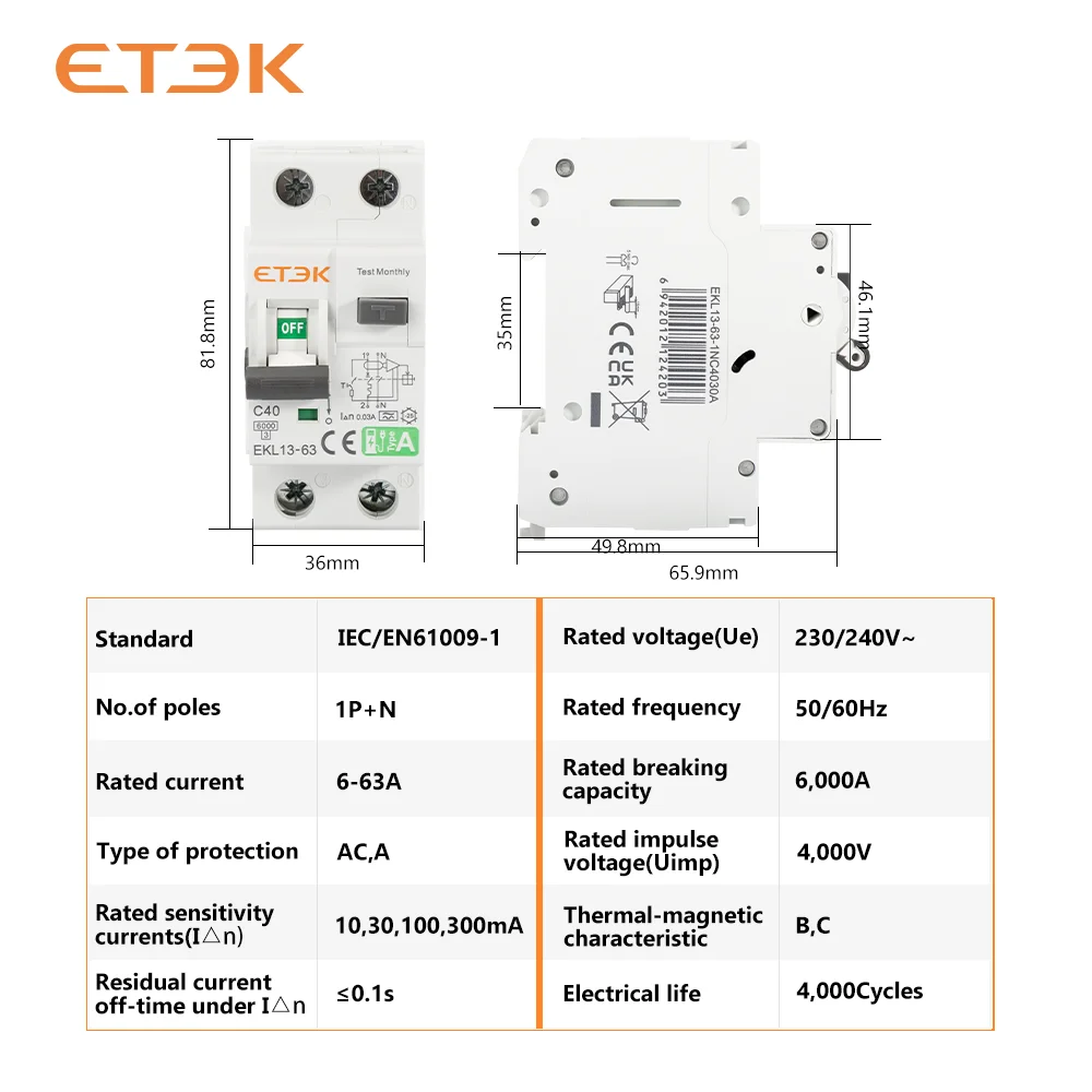 IDR TIPO A - ETEK 1P+N Residual Automatic p/ Wallbox - Imagem 3